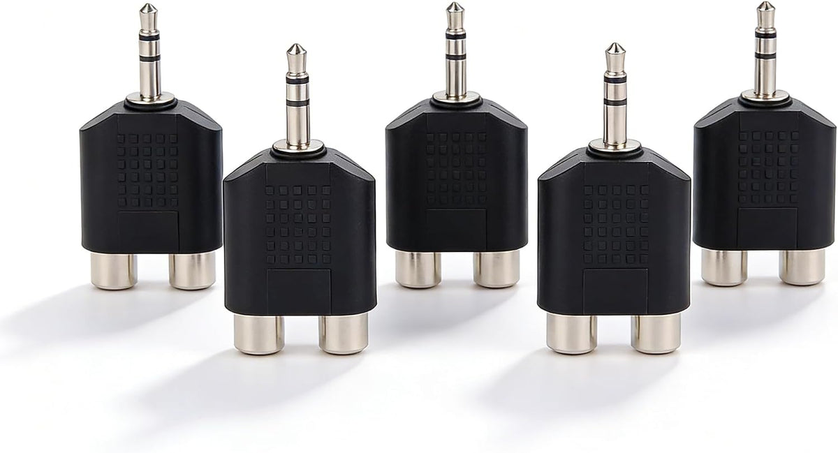 AUX 3.5mm to Dual RCA Adaptor | Male AUX to 2 Female RCA | Pack of 5 | Stereo Sound AUX-IN Headphones Mobile Phone PC to Amplifier Amp HiFi System Converter