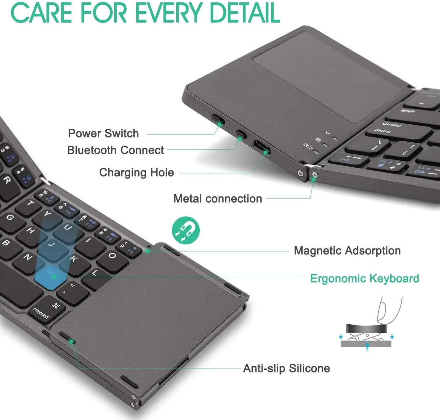 Portable Foldable Bluetooth Keyboard with Touchpad for Laptop Tablet Smartphone
