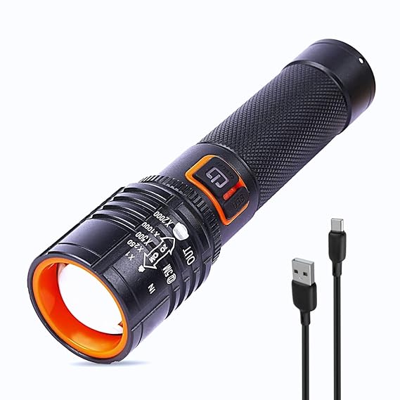 Rechargeable LED Flashlight with Zoom Focus, Battery Display and Side Light