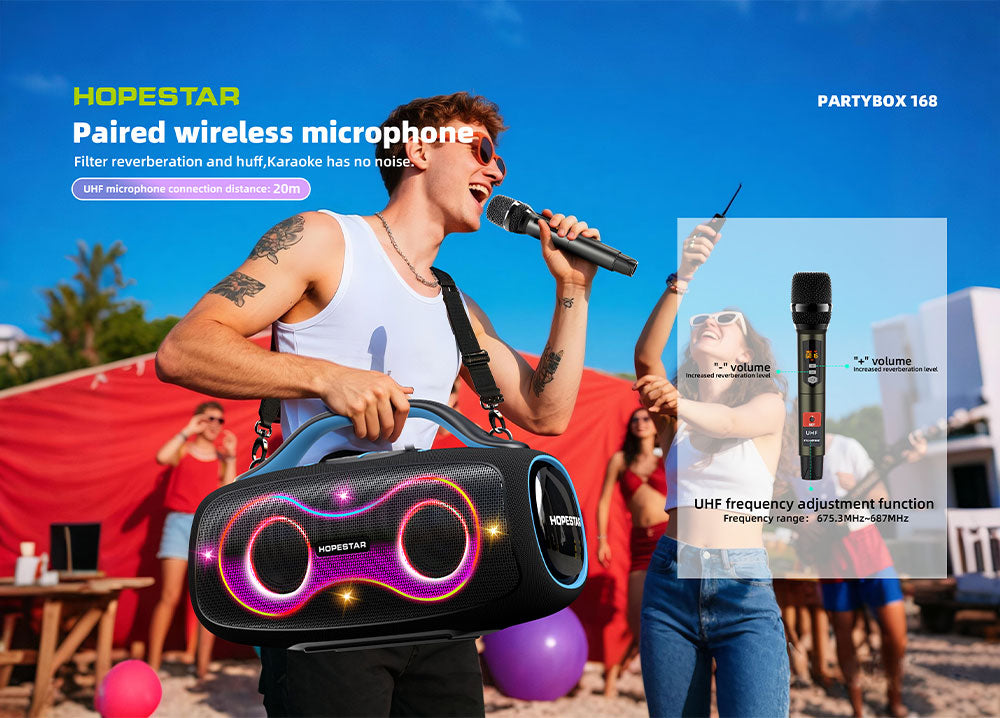 HOPESTAR PartyBox 168 Bluetooth Party Speaker 400W Bass 2 Mics Waterproof, RGB Light , With Stand , 32000 mah Battery