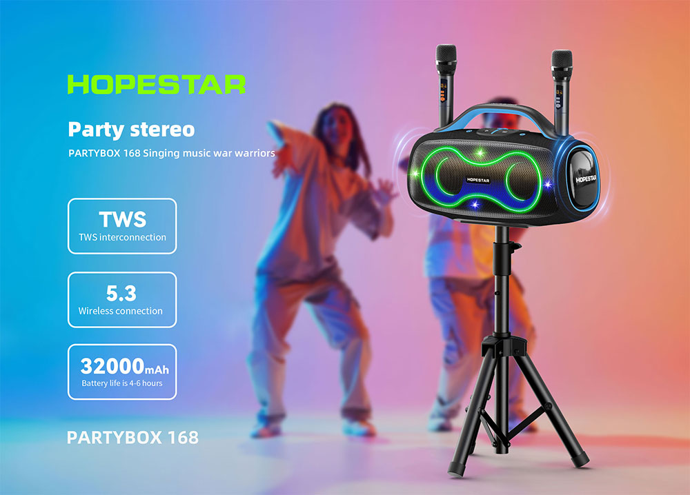 HOPESTAR PartyBox 168 Bluetooth Party Speaker 400W Bass 2 Mics Waterproof, RGB Light , With Stand , 32000 mah Battery