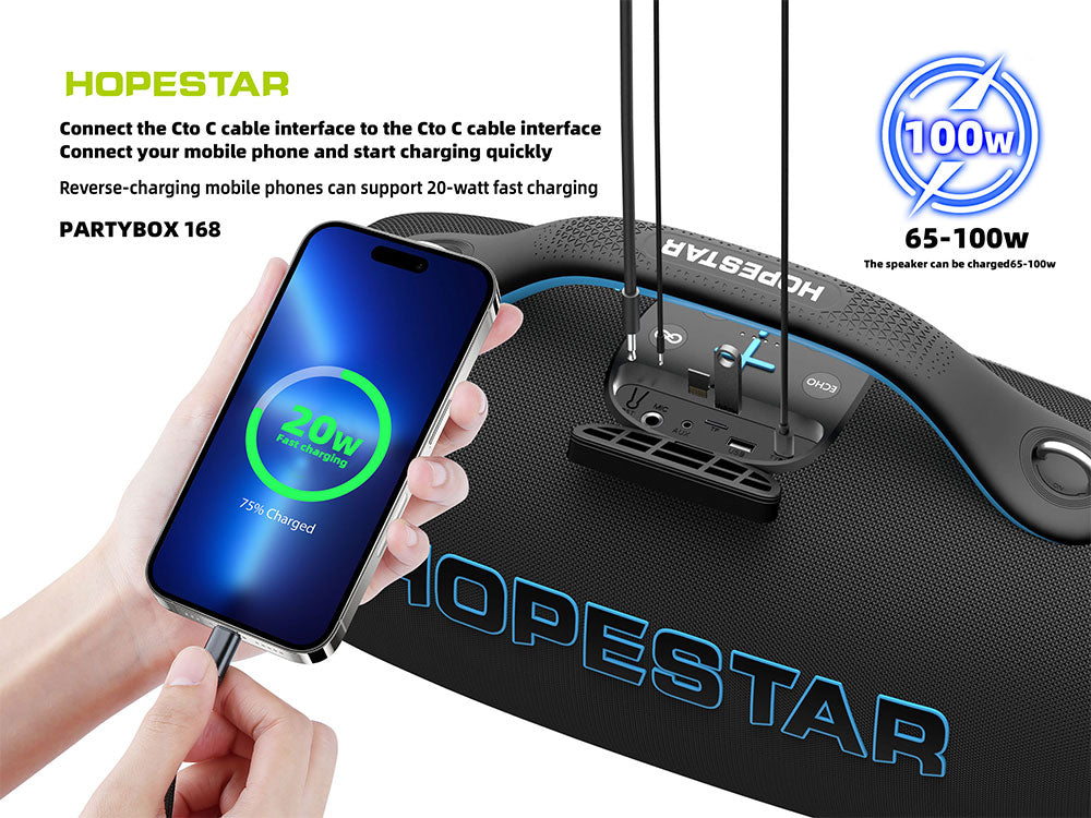 HOPESTAR PartyBox 168 Bluetooth Party Speaker 400W Bass 2 Mics Waterproof, RGB Light , With Stand , 32000 mah Battery