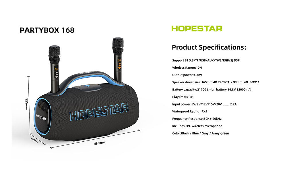 HOPESTAR PartyBox 168 Bluetooth Party Speaker 400W Bass 2 Mics Waterproof, RGB Light , With Stand , 32000 mah Battery