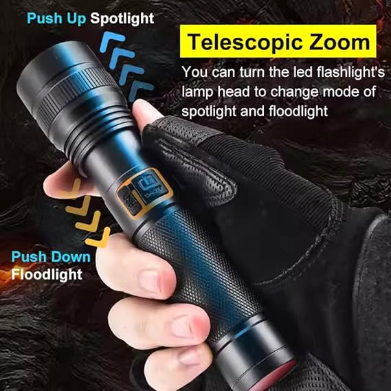 Rechargeable LED Flashlight with Zoom Focus, Battery Display and Side Light
