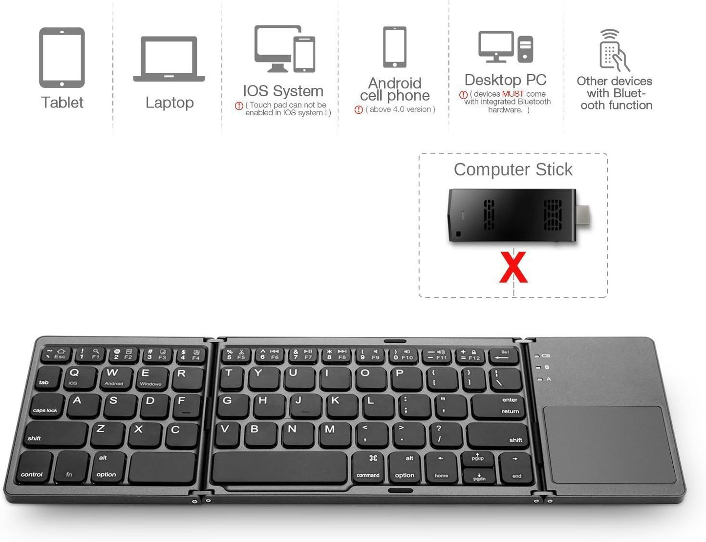 Portable Foldable Bluetooth Keyboard with Touchpad for Laptop Tablet Smartphone