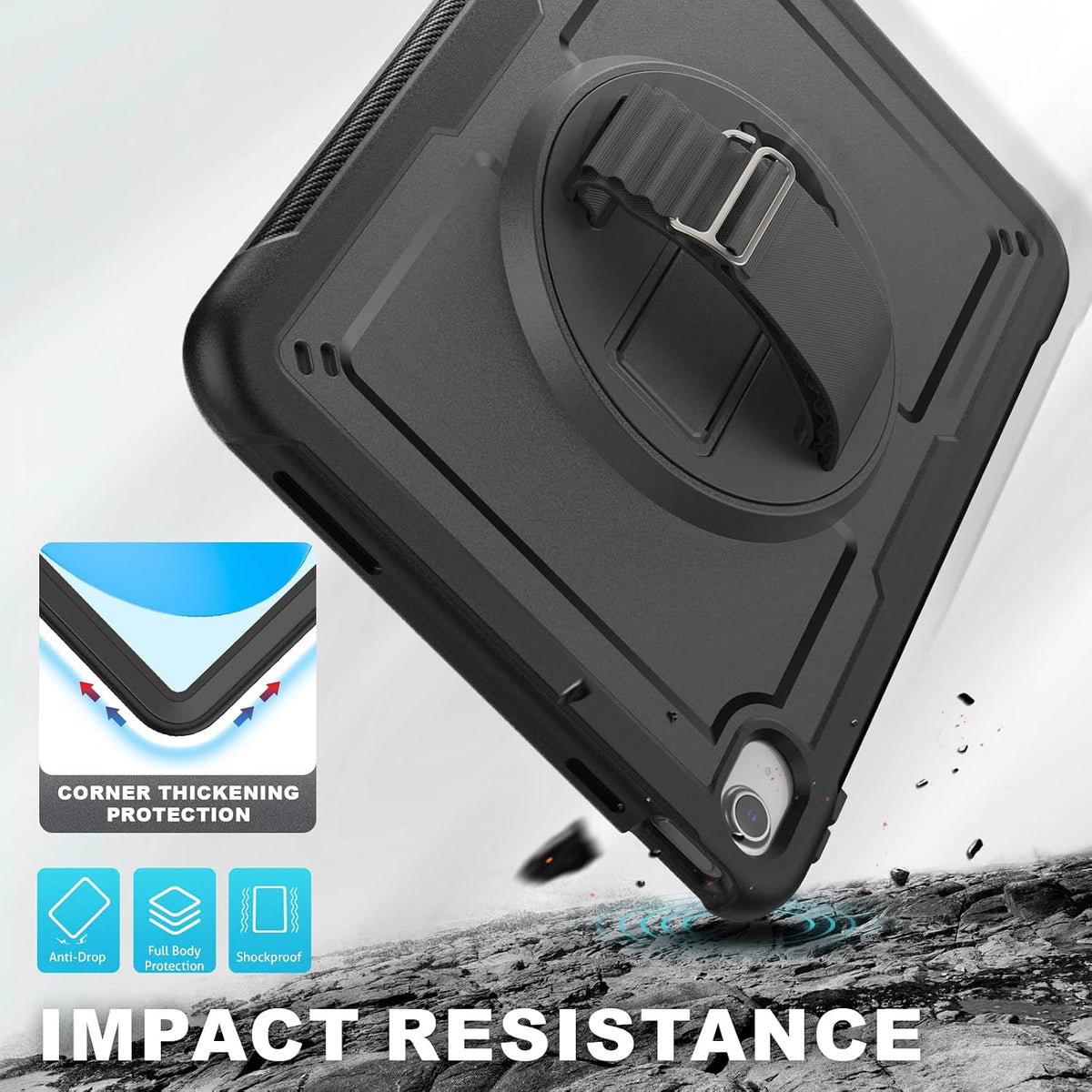 Strong Protective Case iPad 11th Gen & iPad 10th gen A16, Black, Table Stand, Grip Hold, Defender Shockproof Back Cover