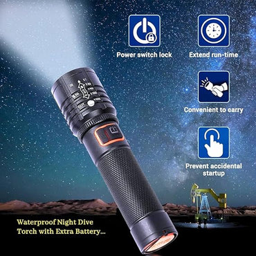 Rechargeable LED Flashlight with Zoom Focus, Battery Display and Side Light