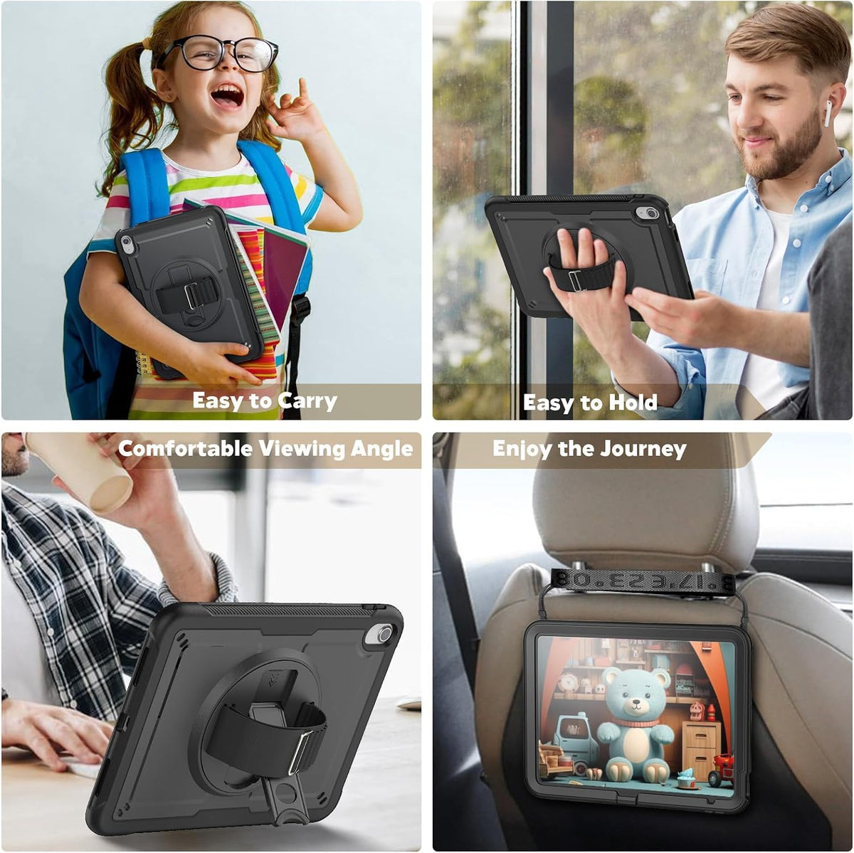 Strong Protective Case iPad 11th Gen & iPad 10th gen A16, Black, Table Stand, Grip Hold, Defender Shockproof Back Cover