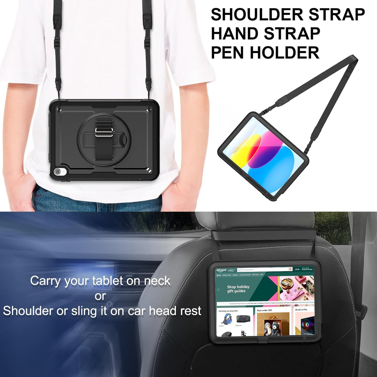 Strong Protective Case iPad 11th Gen & iPad 10th gen A16, Black, Table Stand, Grip Hold, Defender Shockproof Back Cover