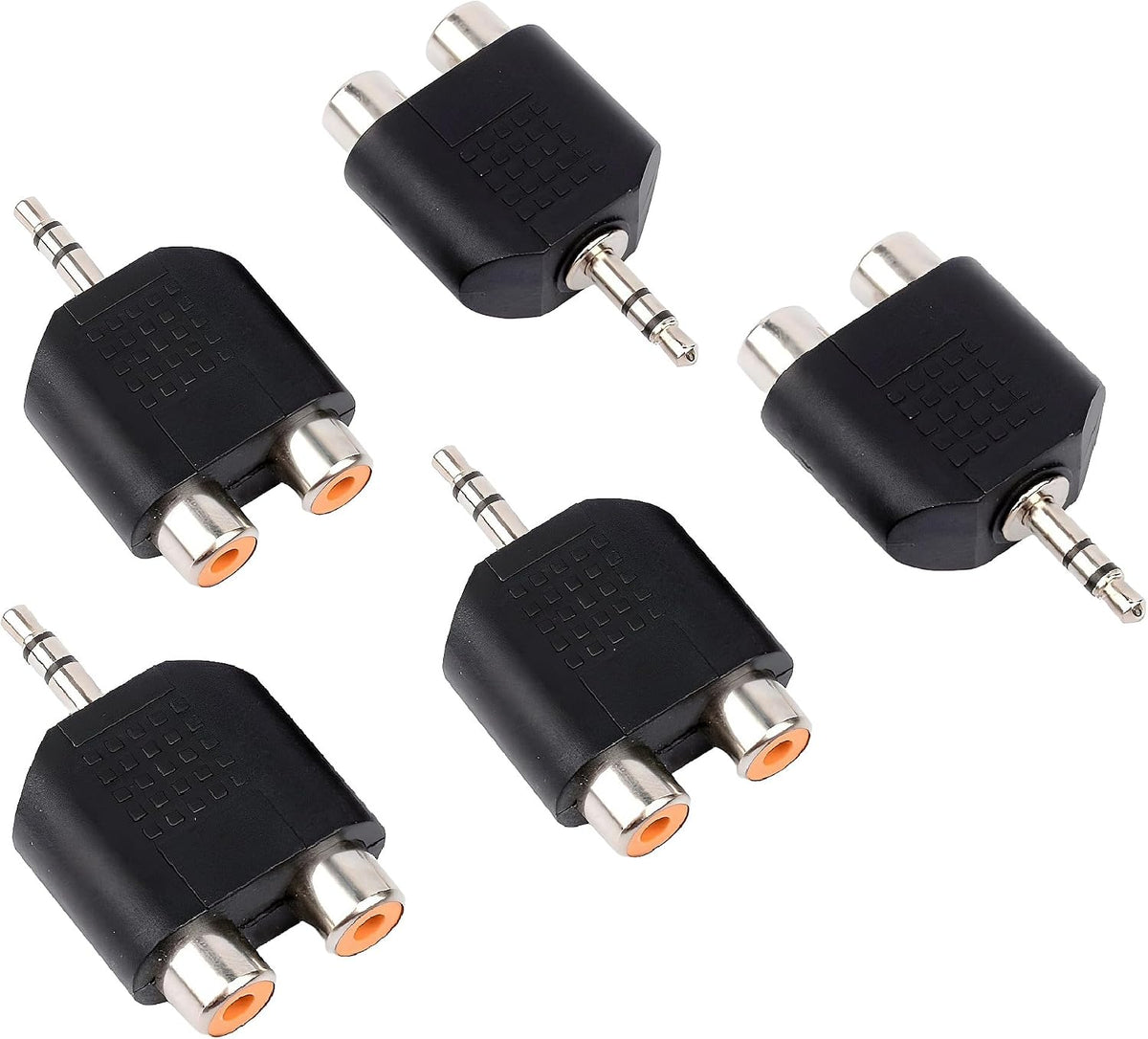 AUX 3.5mm to Dual RCA Adaptor | Male AUX to 2 Female RCA | Pack of 5 | Stereo Sound AUX-IN Headphones Mobile Phone PC to Amplifier Amp HiFi System Converter