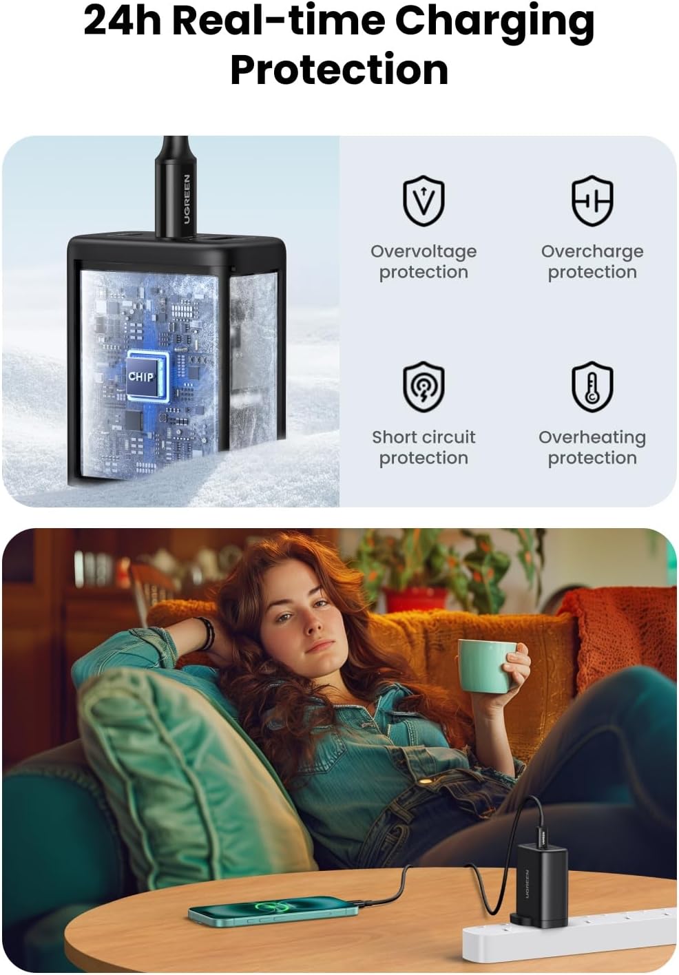 65W GaN Fast Charger 3 Port USB C USB A Power Adapter