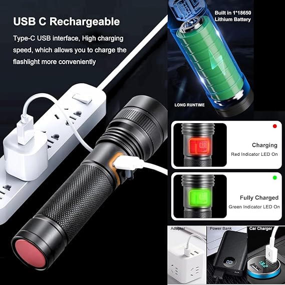 Rechargeable LED Flashlight with Zoom Focus, Battery Display and Side Light