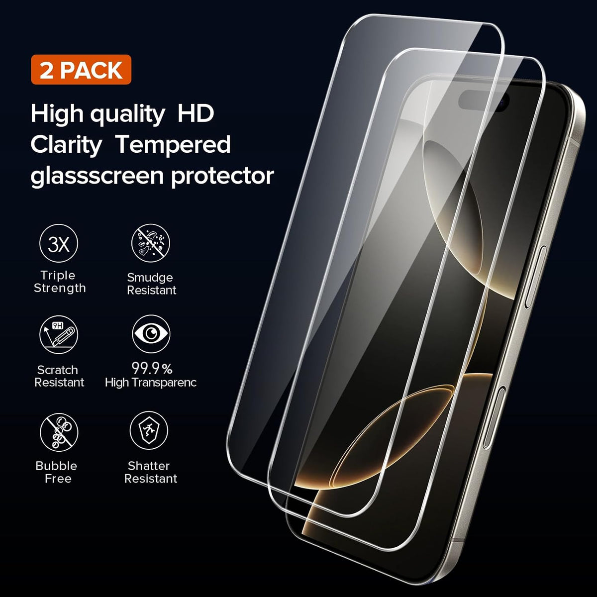 Clear Case Compatible with iPhone 16 Pro Max 6.9 inch, 1 Phone Case + 2 Tempered Glass Screen Protector, Non-Yellowing Military Shockproof Anti-Scratch Slim Phone Case Cover