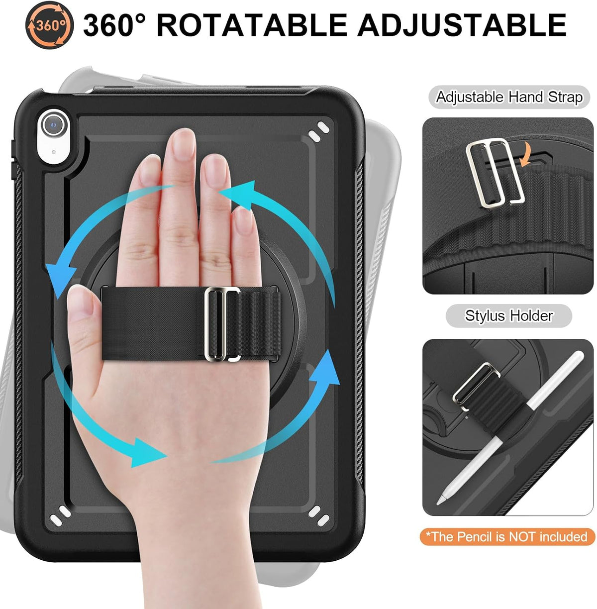 Strong Protective Case iPad 11th Gen & iPad 10th gen A16, Black, Table Stand, Grip Hold, Defender Shockproof Back Cover