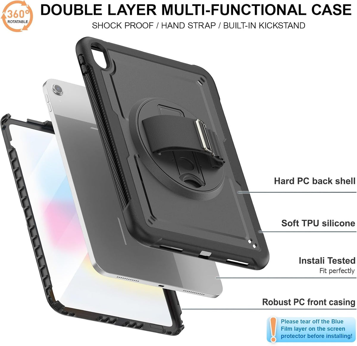 Strong Protective Case iPad 11th Gen & iPad 10th gen A16, Black, Table Stand, Grip Hold, Defender Shockproof Back Cover