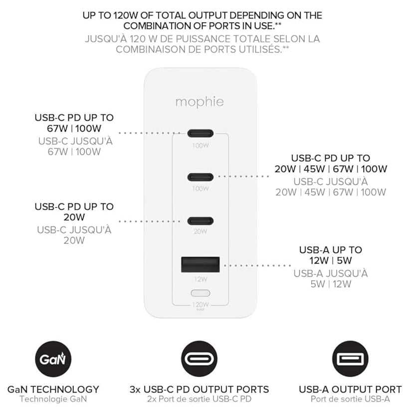 Mophie 120W 4 Port (3 USB-C, USB-A) GaN Ultra Fast Charger - Travel Kit Speedport 120 - White UK For iPad , iPhone, Macbook, Laptops Powerstation