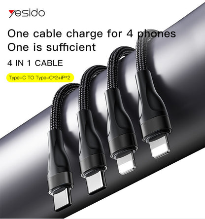 Yesido CA110 4 in 1 Charging Data Cable | Type-C to 2 TC + 2 IP Mobile Phone Charging Cable