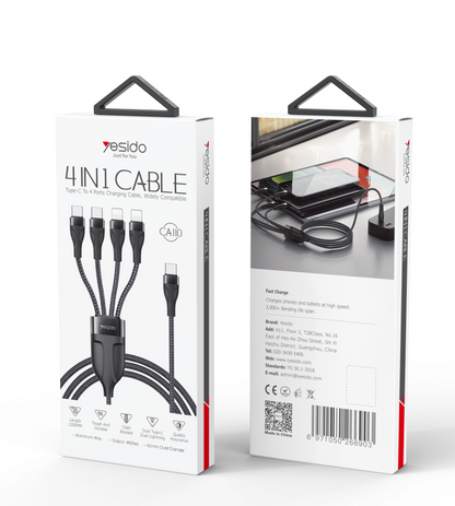 Yesido CA110 4 in 1 Charging Data Cable | Type-C to 2 TC + 2 IP Mobile Phone Charging Cable