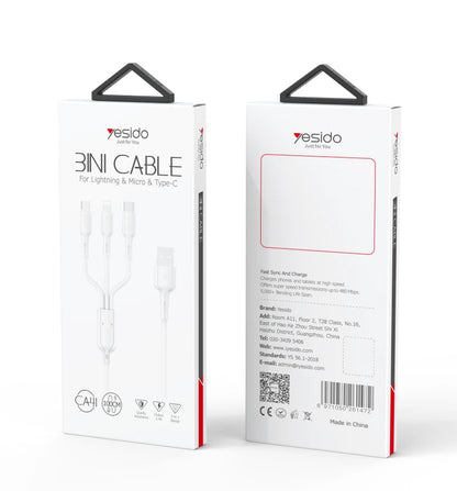 Yesido CA41 Data Cable Line USB To Micro Type-C Lightning Mobile Phone Charging 3 In 1 Usb Cable