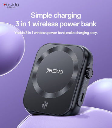 YESIDO YP59 5000mAh PD20W Fast Charging Earphone&Smart Watch 3 in 1 15W Wireless Charging Power Bank