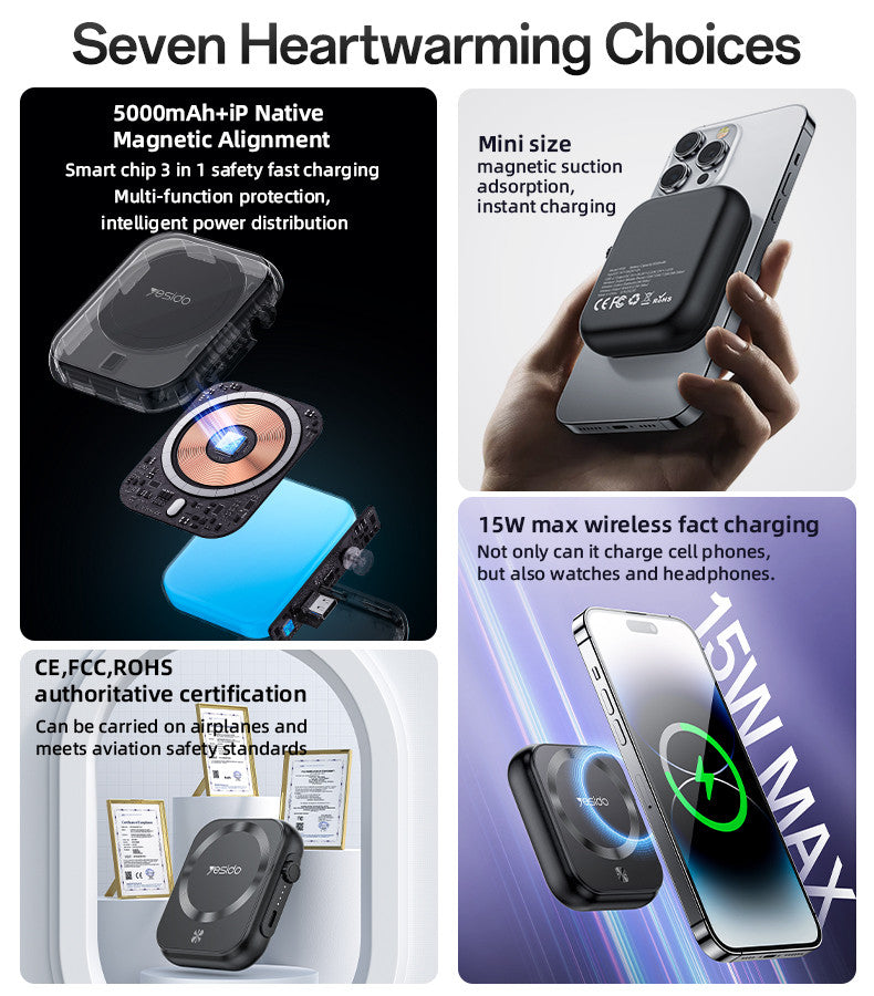 YESIDO YP59 5000mAh PD20W Fast Charging Earphone&Smart Watch 3 in 1 15W Wireless Charging Power Bank