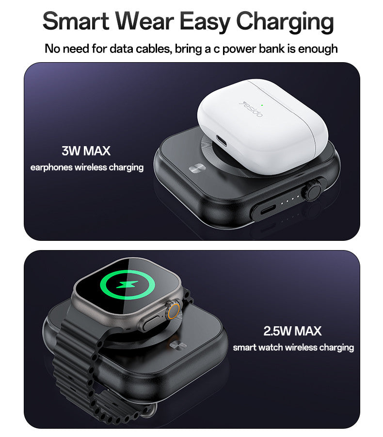 YESIDO YP59 5000mAh PD20W Fast Charging Earphone&Smart Watch 3 in 1 15W Wireless Charging Power Bank