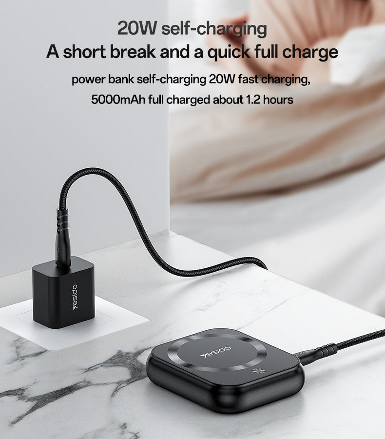 YESIDO YP59 5000mAh PD20W Fast Charging Earphone&Smart Watch 3 in 1 15W Wireless Charging Power Bank