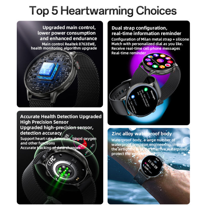 Yesido Smart Watch Round HD Display, Clear Calls, Dual ( Metal & Silicone) Straps, Black, Water Resistant, Heart Rate, Compatibility-IOS & Android, Long Battery Health
