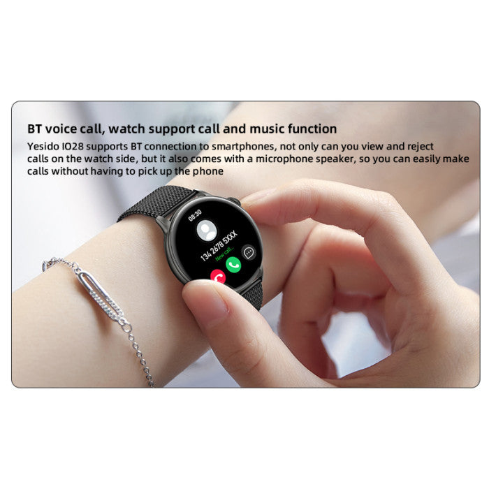 Yesido Smart Watch Round HD Display, Clear Calls, Dual ( Metal & Silicone) Straps, Black, Water Resistant, Heart Rate, Compatibility-IOS & Android, Long Battery Health