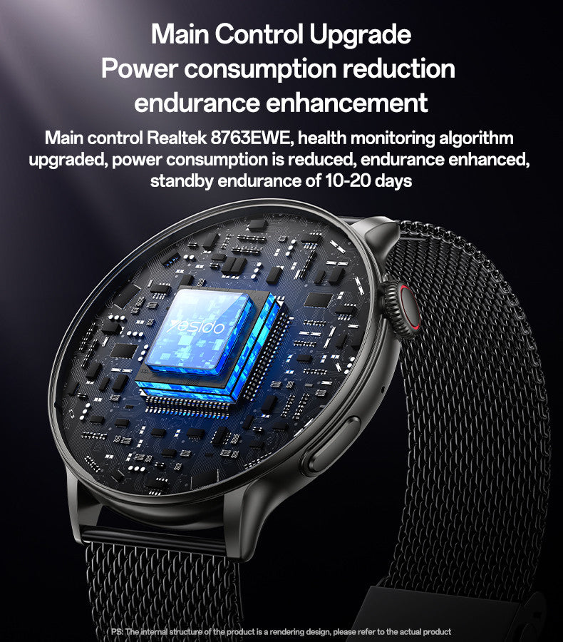 Yesido Smart Watch Round HD Display, Clear Calls, Dual ( Metal & Silicone) Straps, Black, Water Resistant, Heart Rate, Compatibility-IOS & Android, Long Battery Health