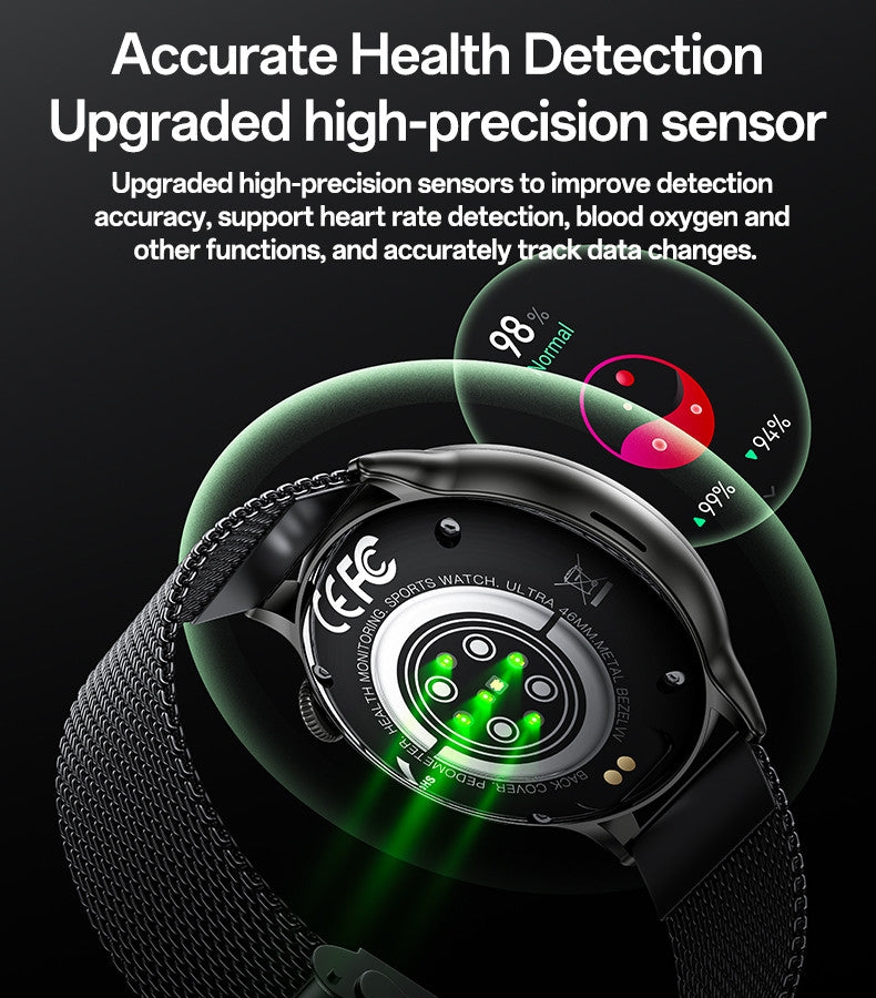 Yesido Smart Watch Round HD Display, Clear Calls, Dual ( Metal & Silicone) Straps, Black, Water Resistant, Heart Rate, Compatibility-IOS & Android, Long Battery Health
