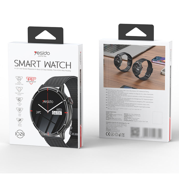 Yesido Smart Watch Round HD Display, Clear Calls, Dual ( Metal & Silicone) Straps, Black, Water Resistant, Heart Rate, Compatibility-IOS & Android, Long Battery Health