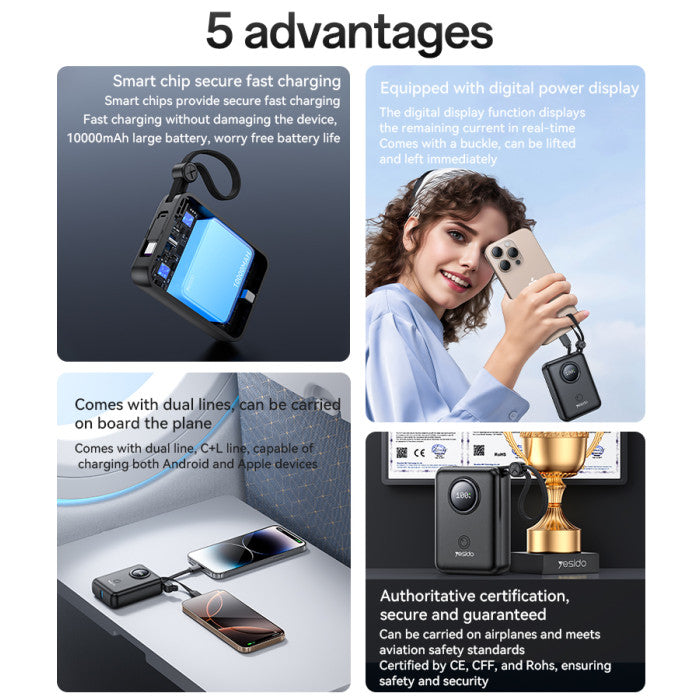 10000mAh 22.5W Fast Charging Power Bank with Built-in Cables – Mini Portable USB-C & Lightning Battery Pack for iPhone & Android
