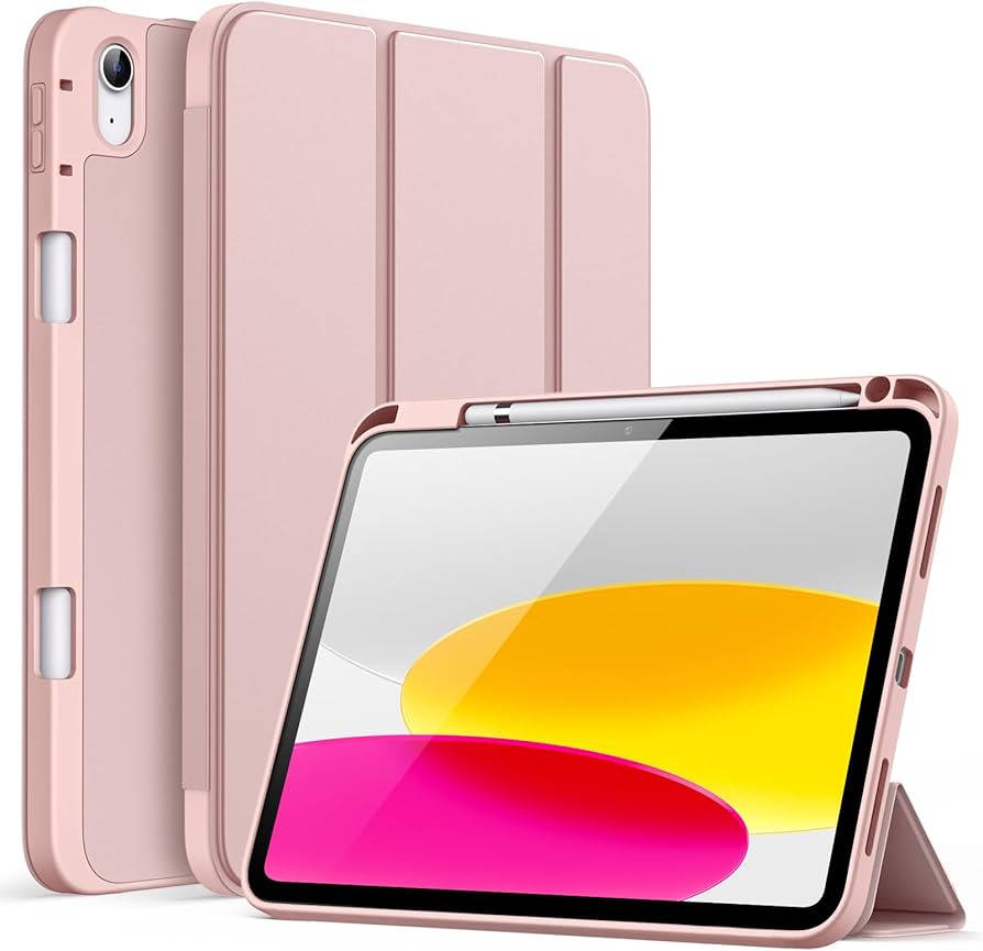 Case for iPad (A16) 11th/10th Generation (2025/2022) with Pencil Holder, Slim Tablet Cover with Soft TPU Back, Auto Wake/Sleep - Black , Rose Gold & Blue