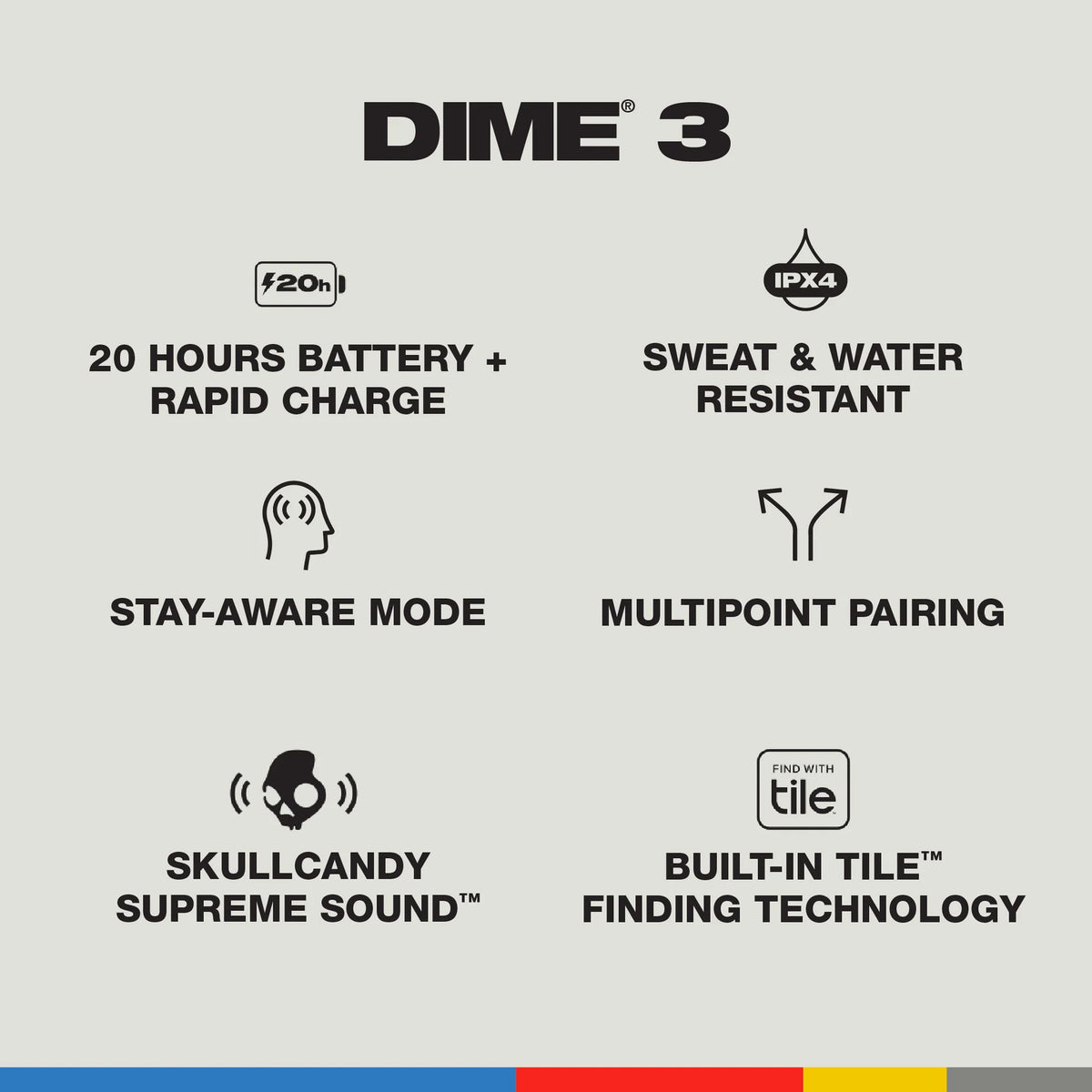 Skullcandy Dime 3 True Wireless In-Ear Earbuds – 20 Hr Battery, IPX4 Water Resistant, Built-in Tile Finding Technology, Stay-Aware Mode & Multipoint Pairing – True Bone (White)