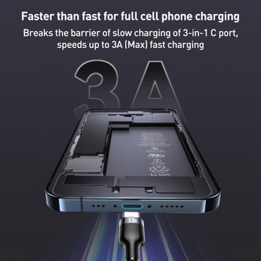 Yesido CA91 3A 3 in 1 USB to 8 Pin+USB-C/Type-C+Micro USB Aluminum Alloy Data Cable, Length: 1m(Black)