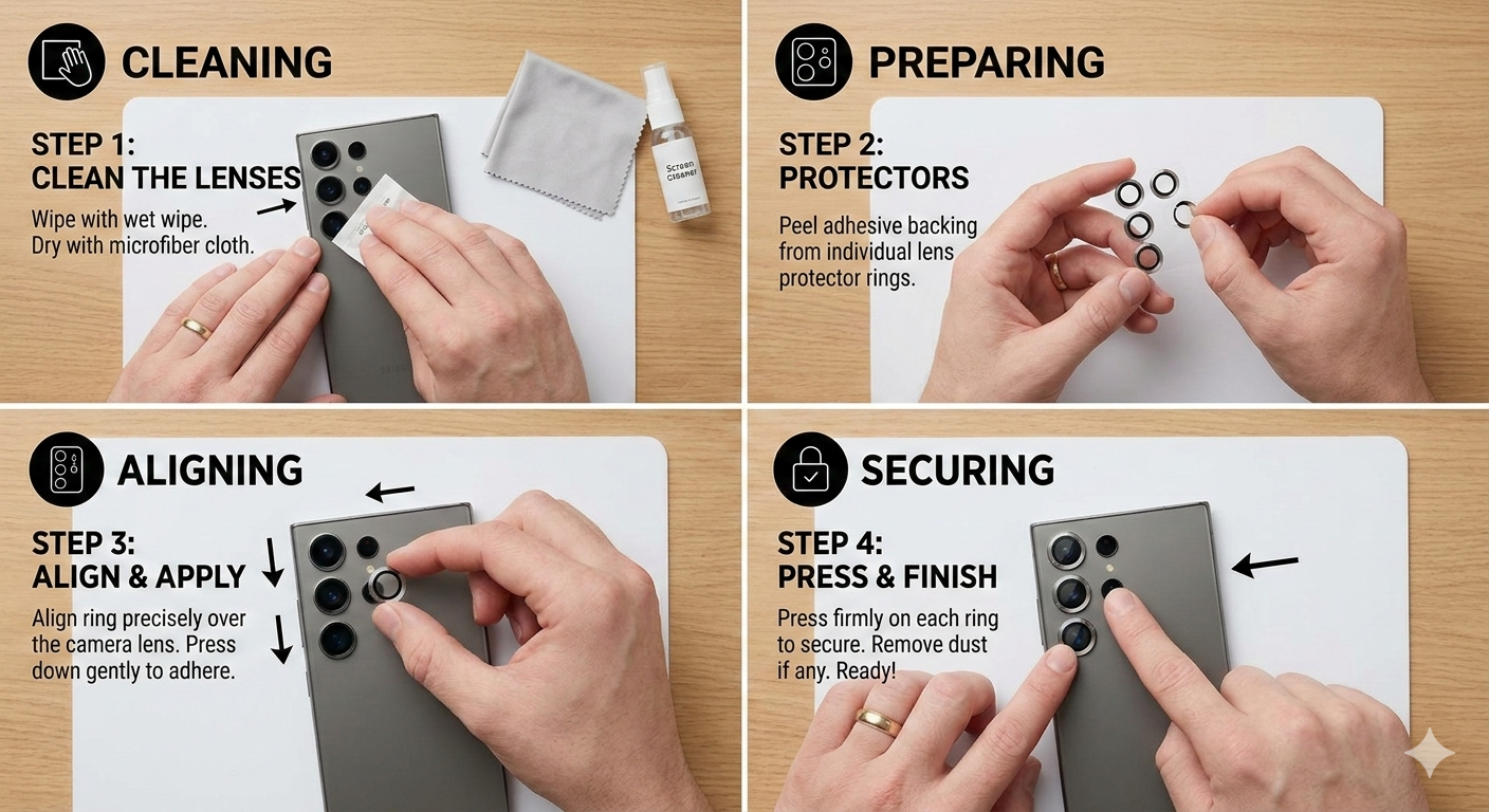 Camera Lens Protector For Samsung S26, S25 & s24 Ultra, Black, Clear Lens Glass