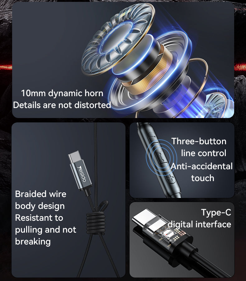 YH43 Yesido Type-C In-Ear Earphones – HIFI Lossless 10mm Dynamic Speaker