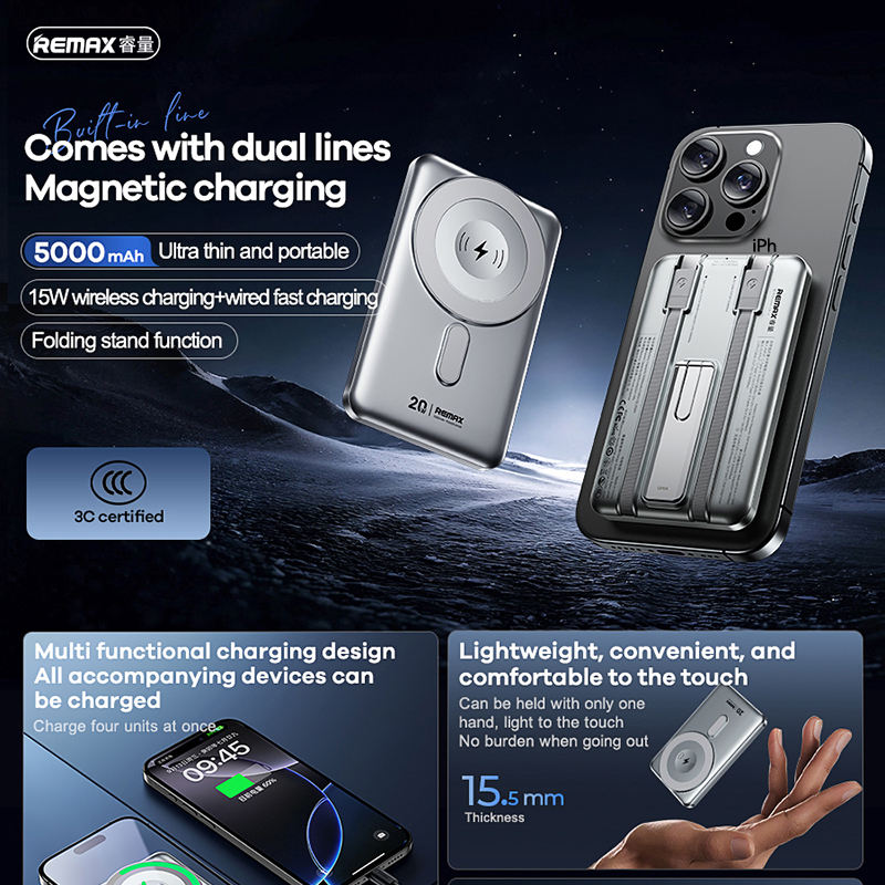 Remax PowerBank With KickStand Foldable, Magnetic 15W Wireless & Wire 20W (iPh and USB-C) Fast Charging, 5000 Mah
