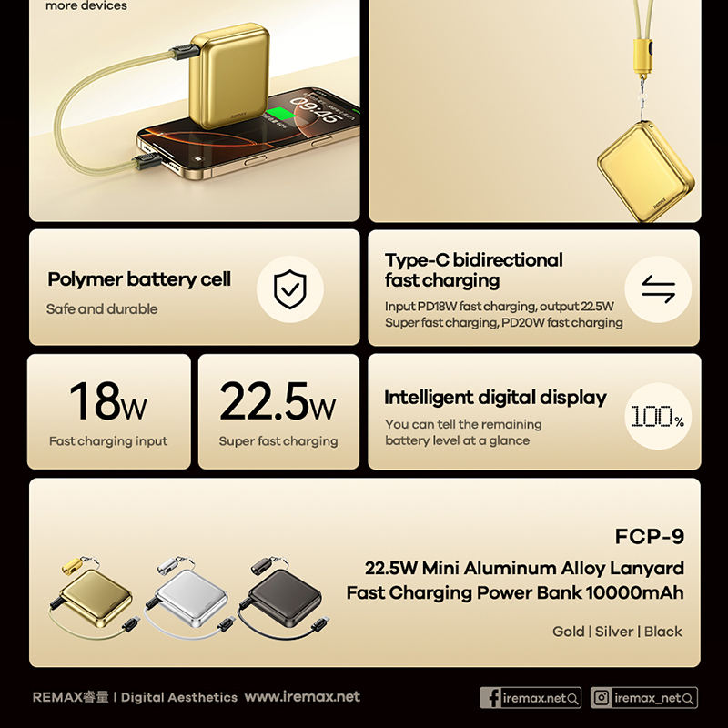 Remax | 22.5W Ultra-Compact 10,000mAh Power Bank | Fast Charge | Portable Size With Cable