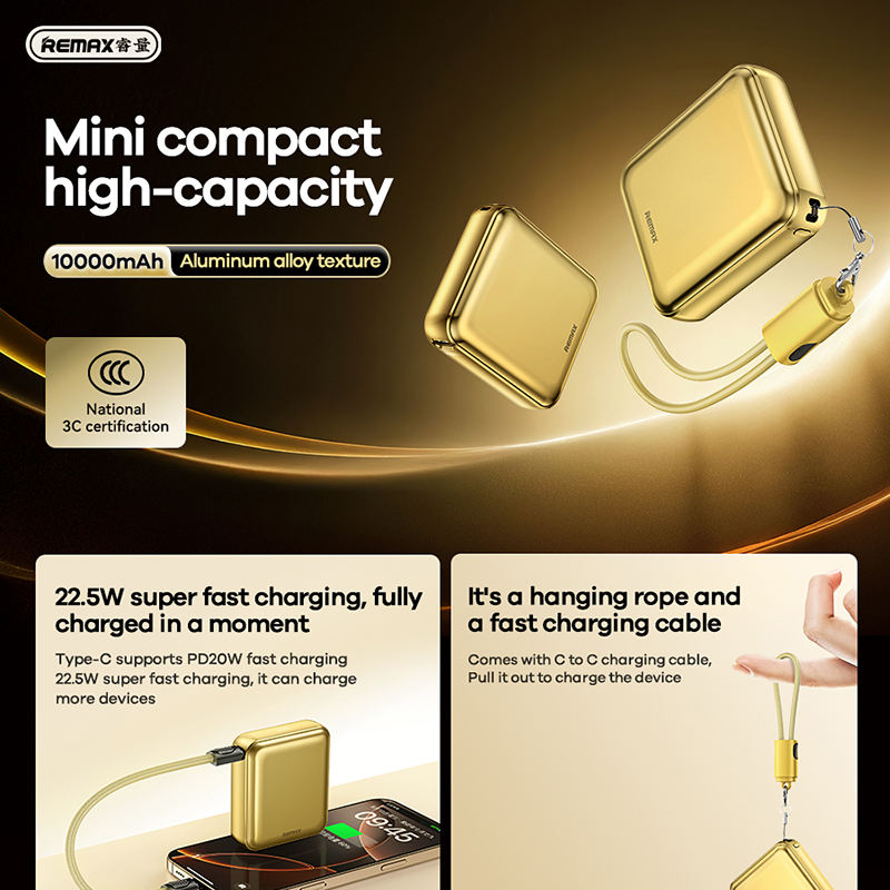 Remax | 22.5W Ultra-Compact 10,000mAh Power Bank | Fast Charge | Portable Size With Cable