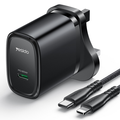 Yesido YC76BL PD 20W USB-C / Type-C Port Quick Wall Charger with Type-C to 8 Pin Cable, UK Plug (Black)