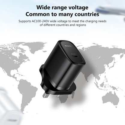 Yesido YC76BL PD 20W USB-C / Type-C Port Quick Wall Charger with Type-C to 8 Pin Cable, UK Plug (Black)