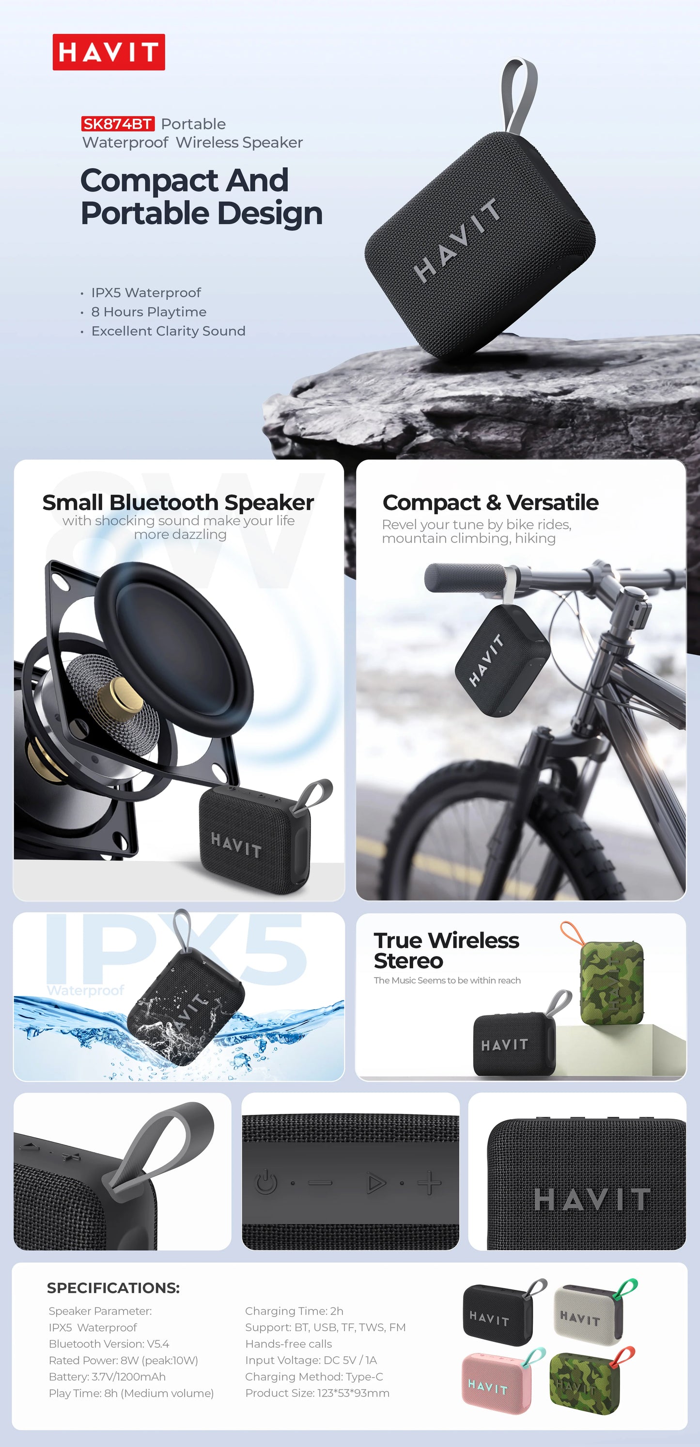 HAVIT SK874BT Portable Waterproof Wireless Speaker | 8hrs Playtime | Multifunctional