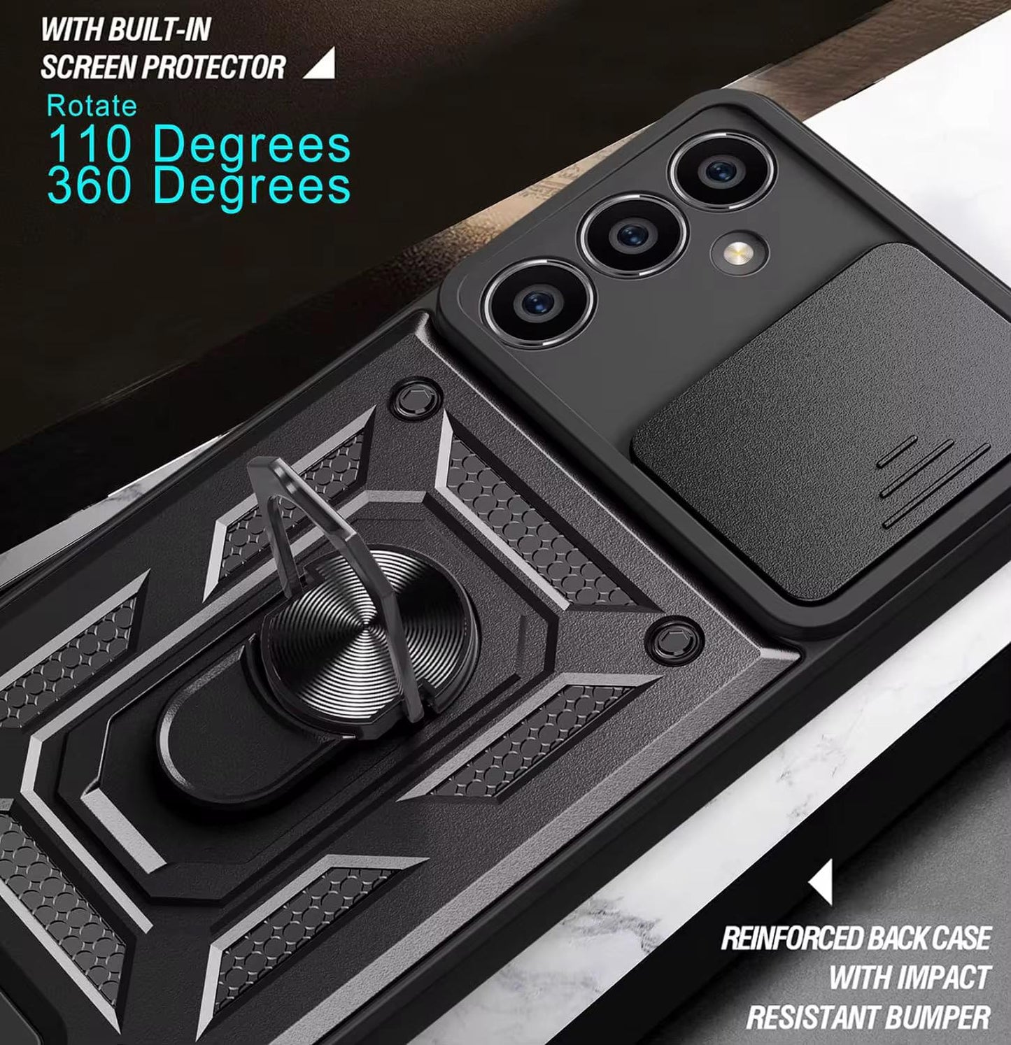 Military-Grade Armor Shockproof Case with Sliding Camera Cover & Ring Kickstand | For iPhone, Samsung Galaxy, Pixel – Drop Protection MIL-STD 810G
