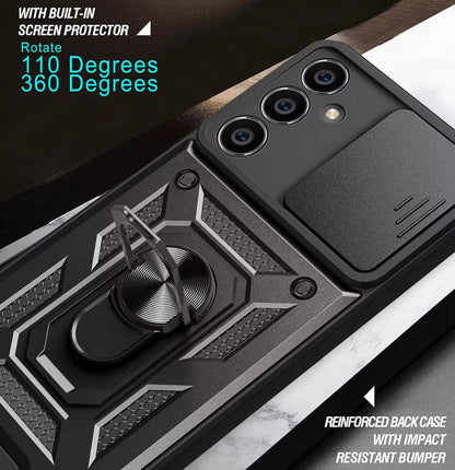 Military-Grade Armor Shockproof Case with Sliding Camera Cover & Ring Kickstand | For iPhone, Samsung Galaxy, Pixel – Drop Protection MIL-STD 810G