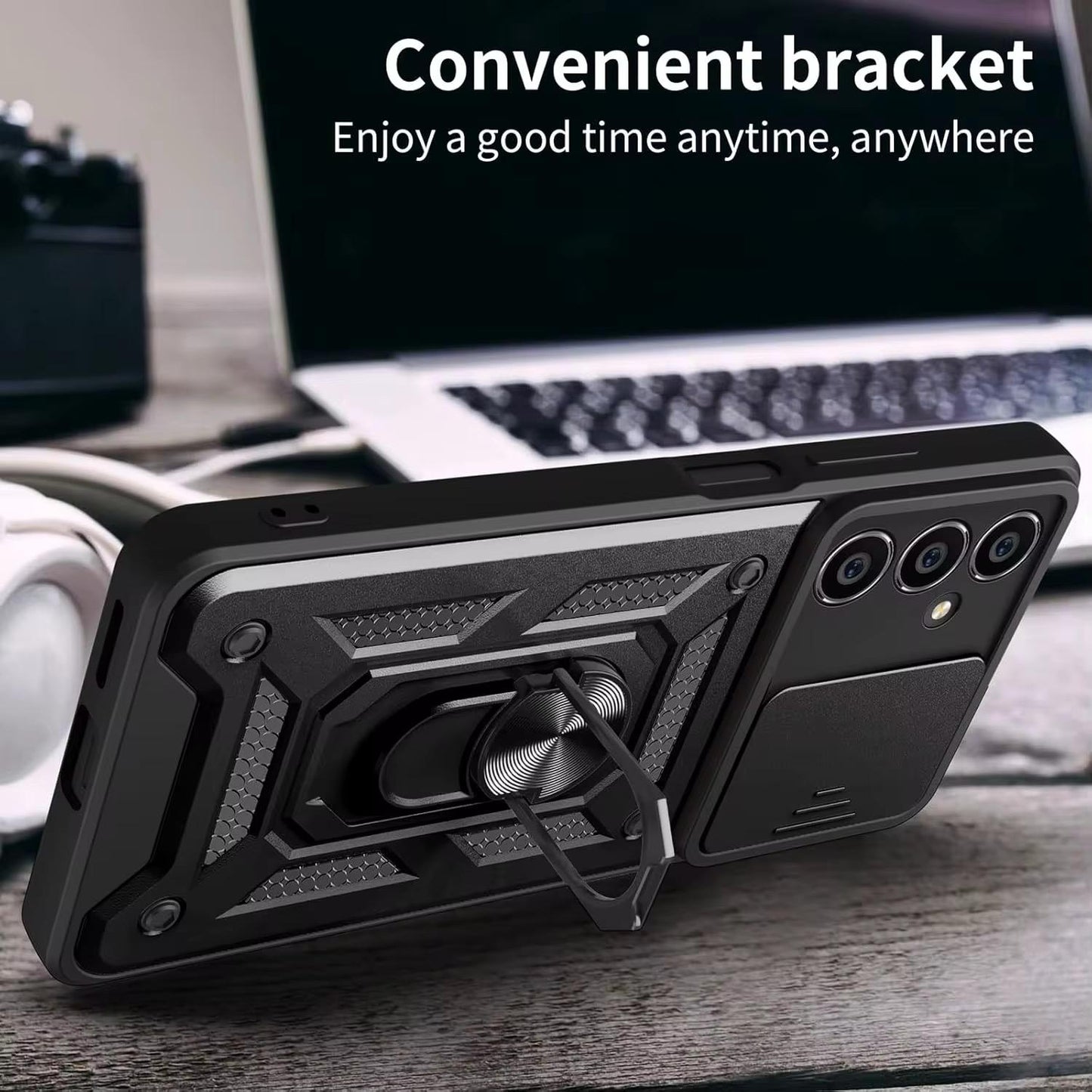 Military-Grade Armor Shockproof Case with Sliding Camera Cover & Ring Kickstand | For iPhone, Samsung Galaxy, Pixel – Drop Protection MIL-STD 810G