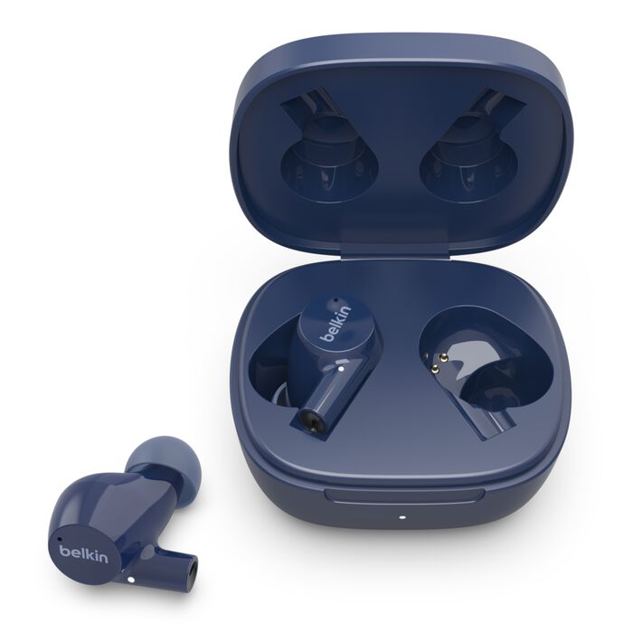 Blue wireless earbuds with charging case 