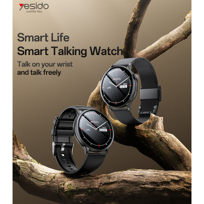 Yesido Smart Watch Round HD Display, Clear Calls, Dual ( Metal & Silicone) Straps, Black, Water Resistant, Heart Rate, Compatibility-IOS & Android, Long Battery Health