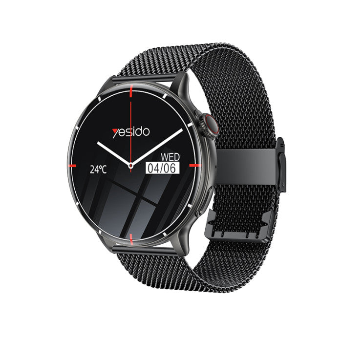 Yesido Smart Watch Round HD Display, Clear Calls, Dual ( Metal & Silicone) Straps, Black, Water Resistant, Heart Rate, Compatibility-IOS & Android, Long Battery Health